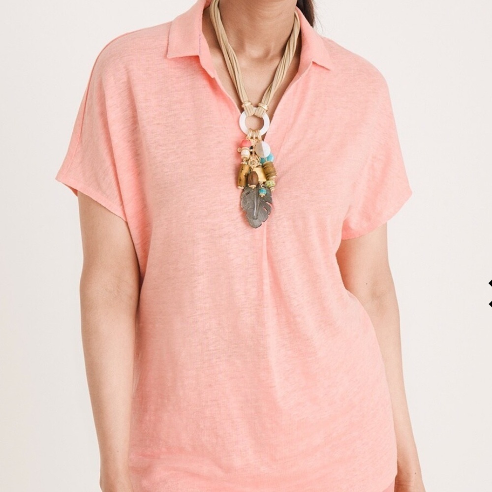 Chicos 100% Linen Easy Henley Top size 3 us xxl peach salmon coral pink beach